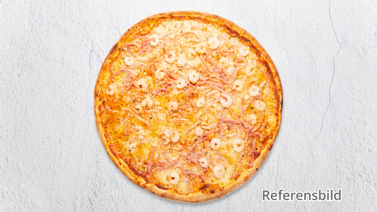 Tomaso – Tomatsås, mozzarellaost, räkor, skinka och pizzasallad.