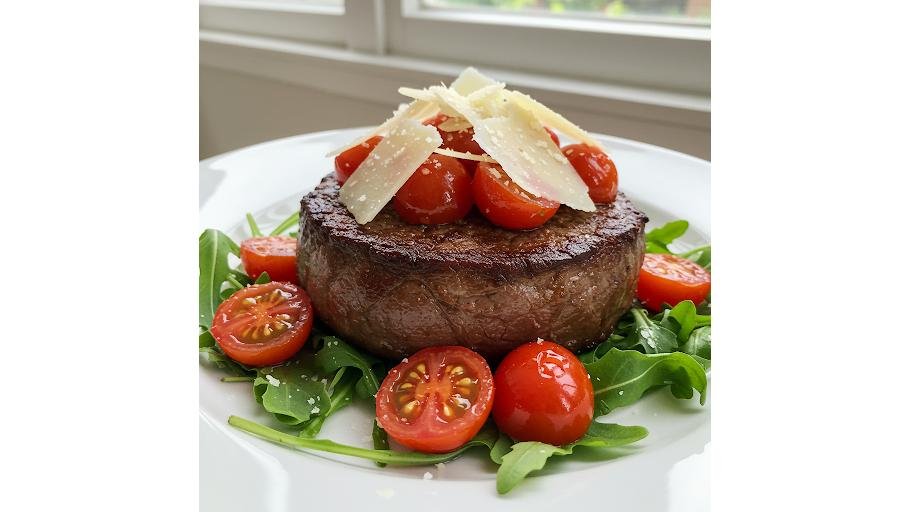 Tagliata di vitello con rucola e parmigiano – File vita, rosii cherry, parmezan, rucola 220 g Poza cu titl...