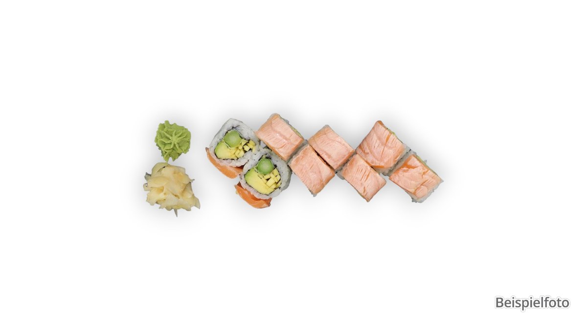 Salmon Aburi Roll – 8 Stück
mit Tempura-Garnelen, Avocado und flambiertem Lachs
