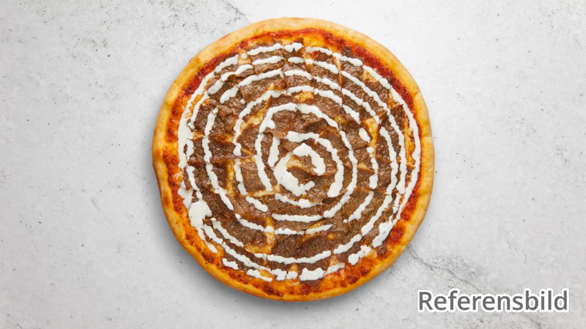 Kebab – Tomatsås, mozzarellaost, kebabkött, lök, dressing och pizzas...