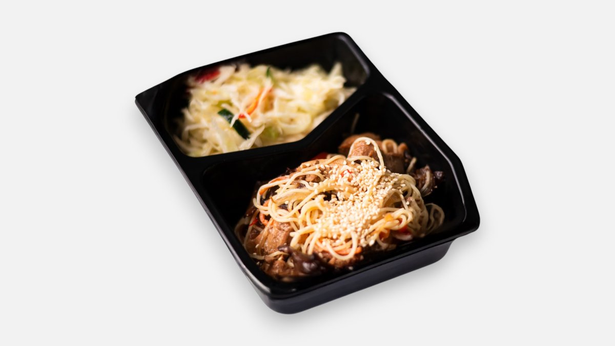 Asian Chicken Lunch with Noodles – Pan-fried chicken with bell pepper, onion, and muer mushroom...