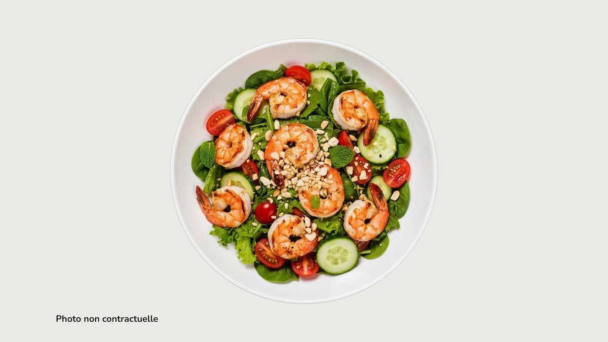 Salade thaïlandaise – Crevettes grillées, tomate, concombre, salade verte, menthe,...