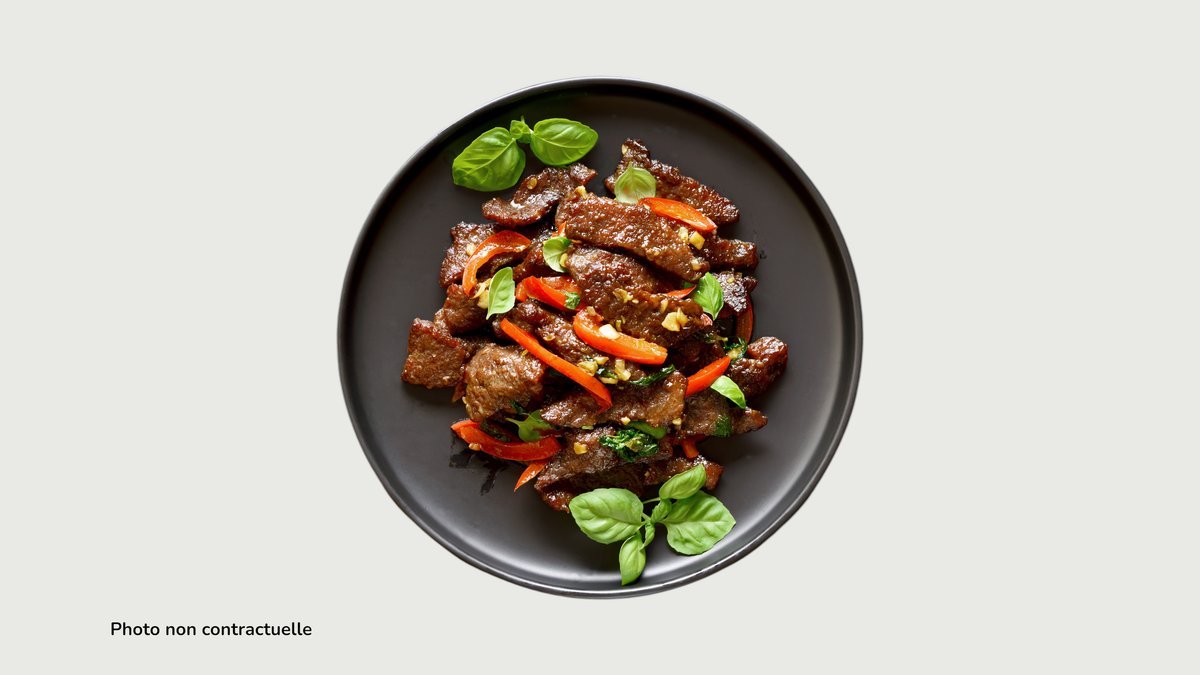 Bœuf à la thaïlandaise – Bœuf à la citronnelle, ail, piment frais, poivrons, échalote...