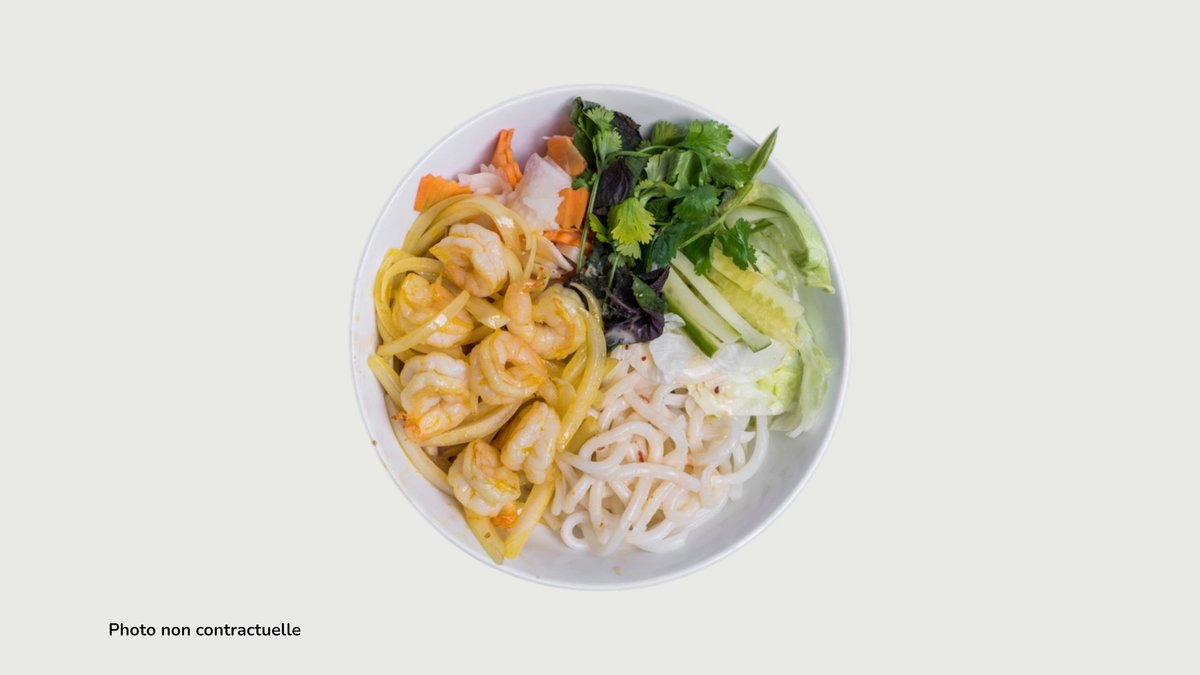 Nouilles sautées aux crevettes – Œuf, oignon, carotte, poireau, petits pois, soja et crevette...